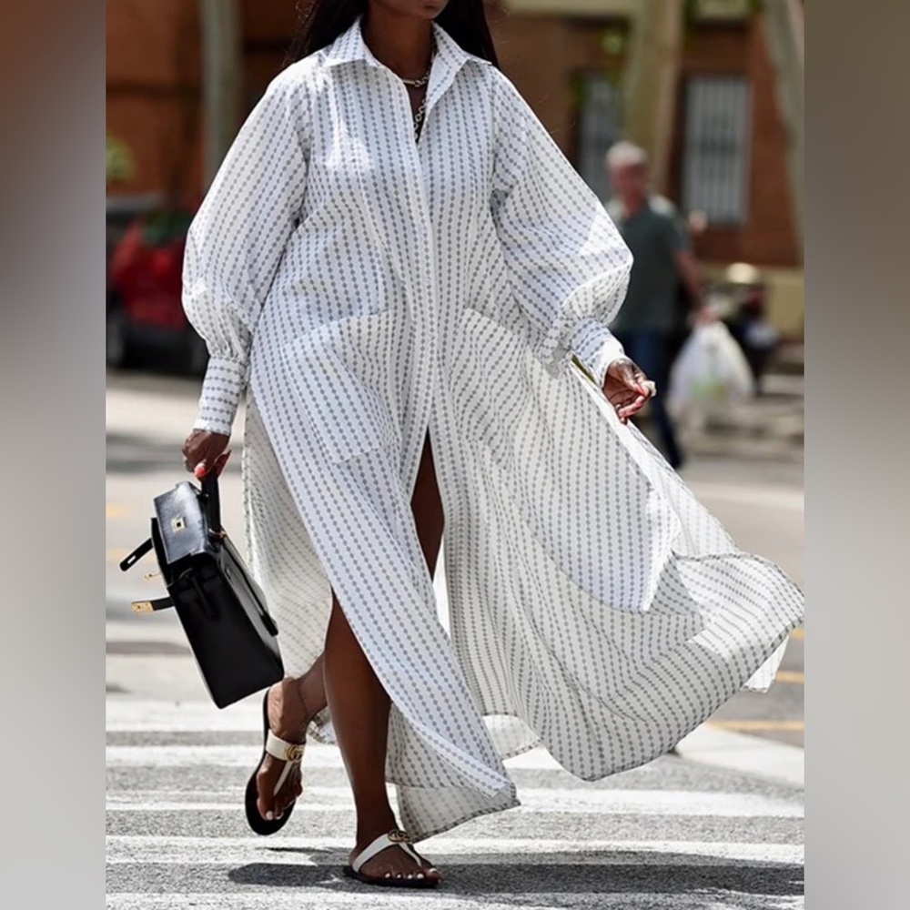 Flowy White Maxi Shirt Dress with Subtle Black Stripe